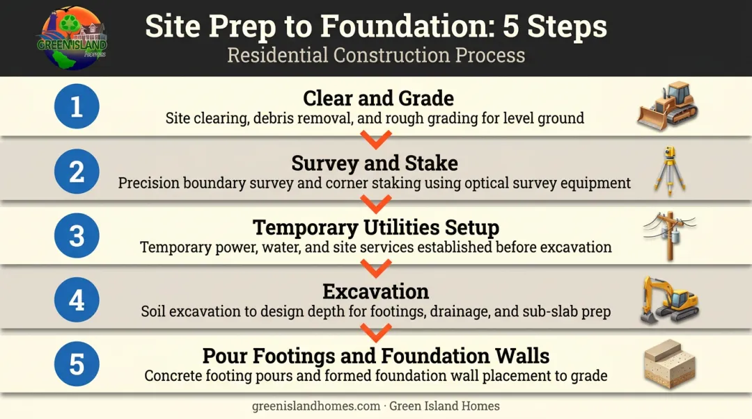Five-step site preparation and foundation process for custom home construction
