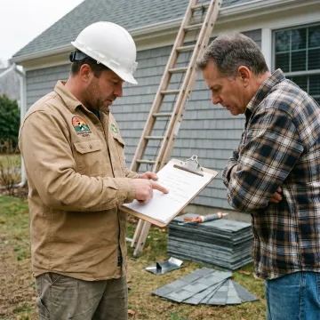 Roof repair contractor reviewing a roof repair plan