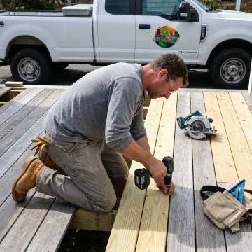 Deck repair contractor restoring an outdoor wood deck