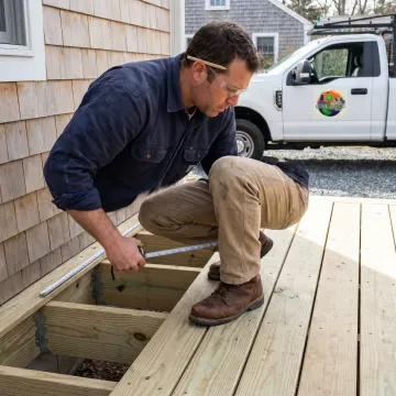 Contractor inspecting deck framing and boards