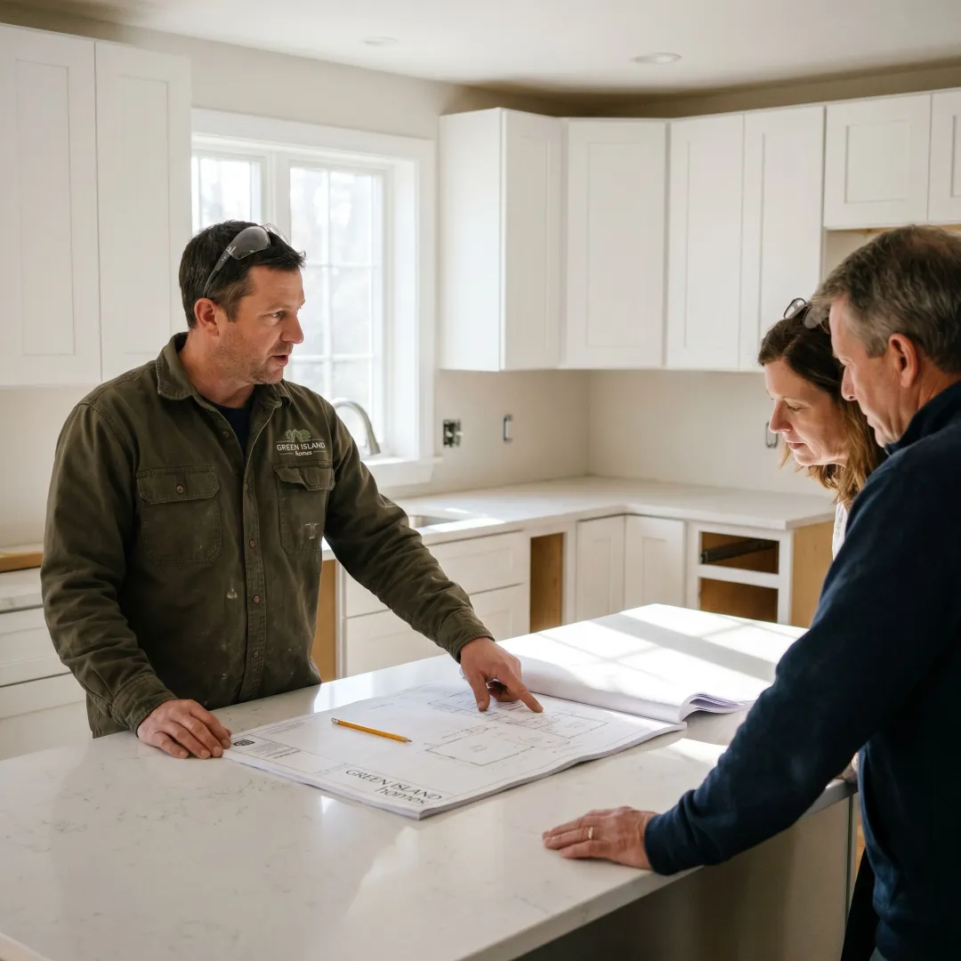 Contractor reviewing remodeling plans with homeowners