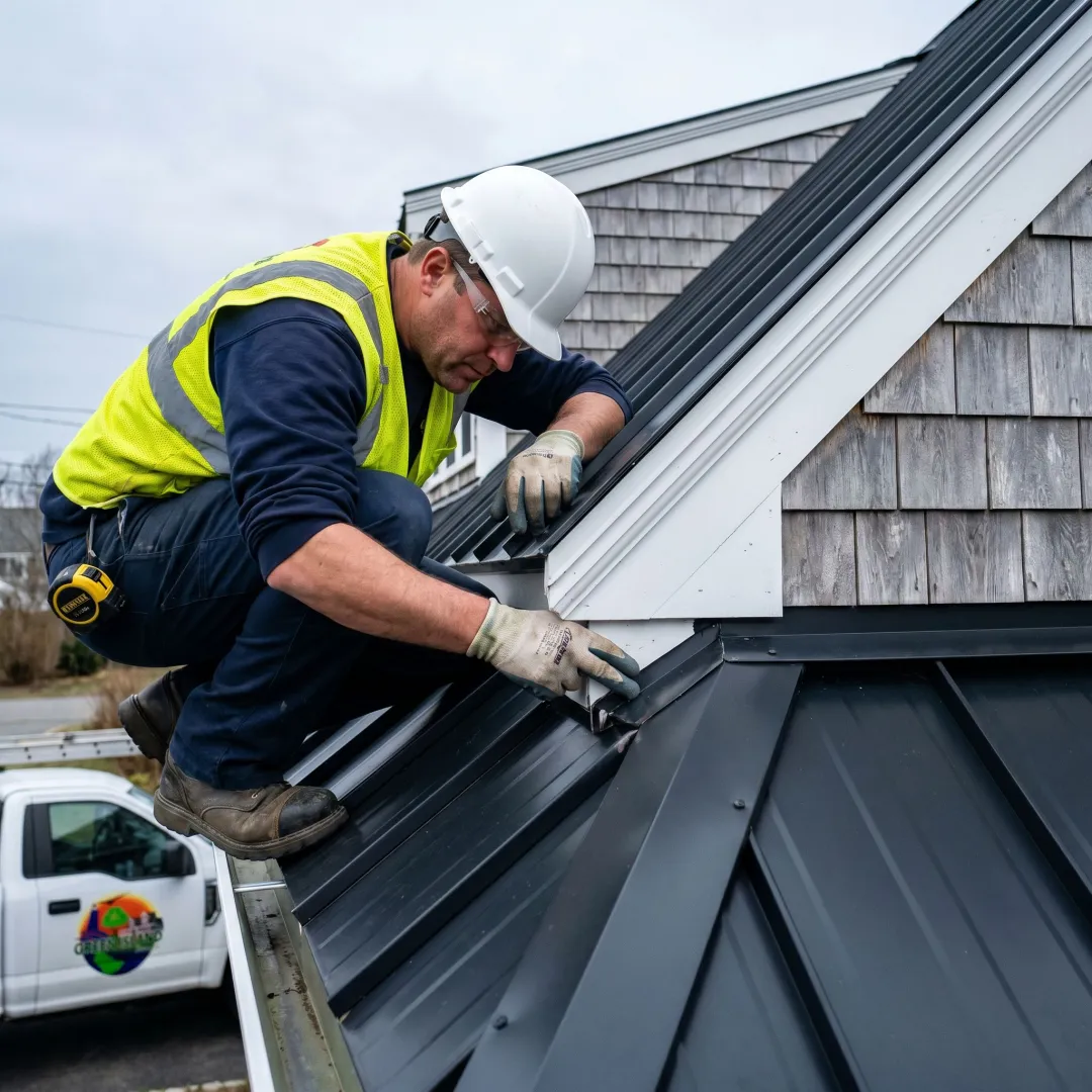 Contractor inspecting a residential metal roof