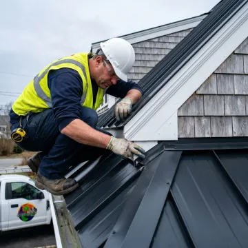 Contractor inspecting a residential metal roof