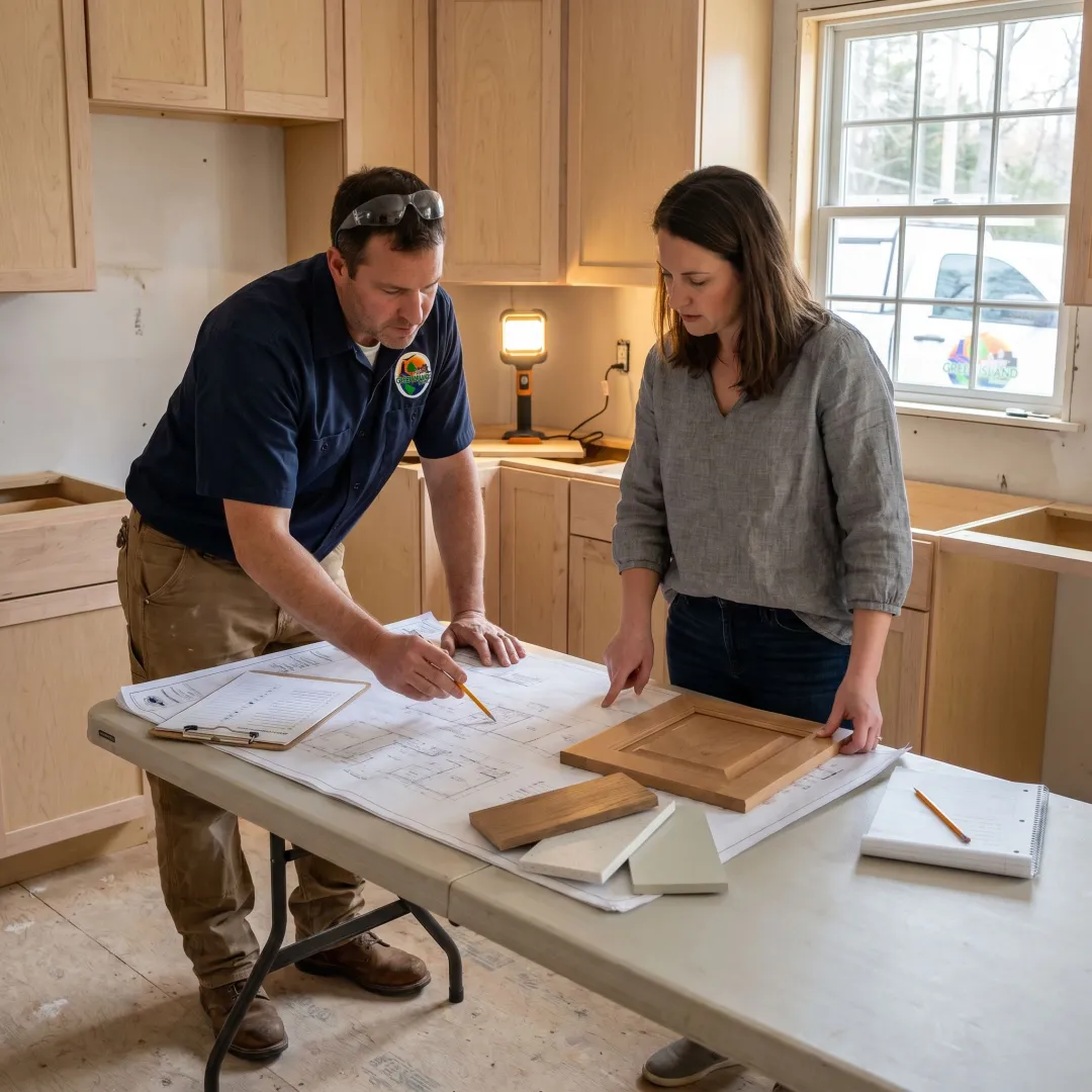 Contractor reviewing kitchen renovation plans with homeowner