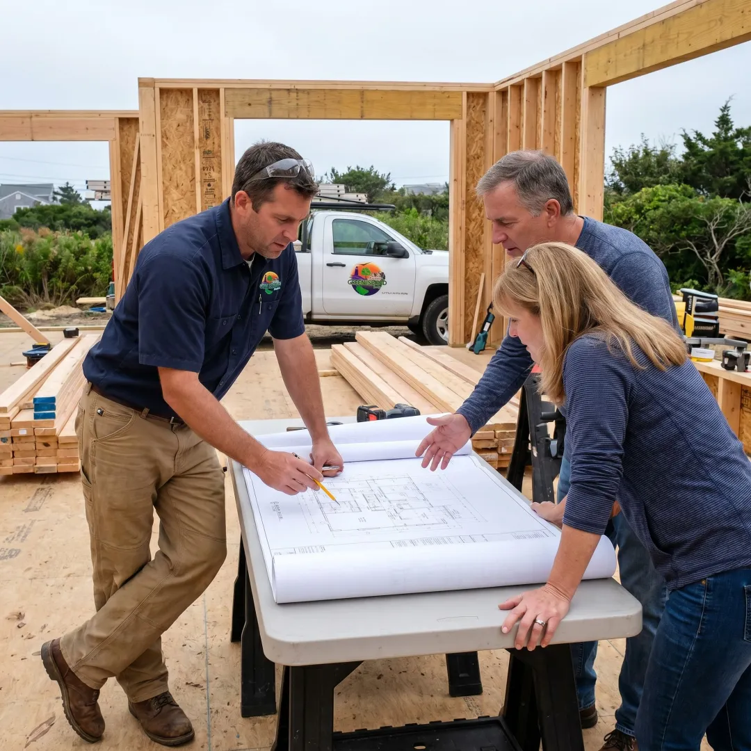 Contractor reviewing remodeling plans with homeowners