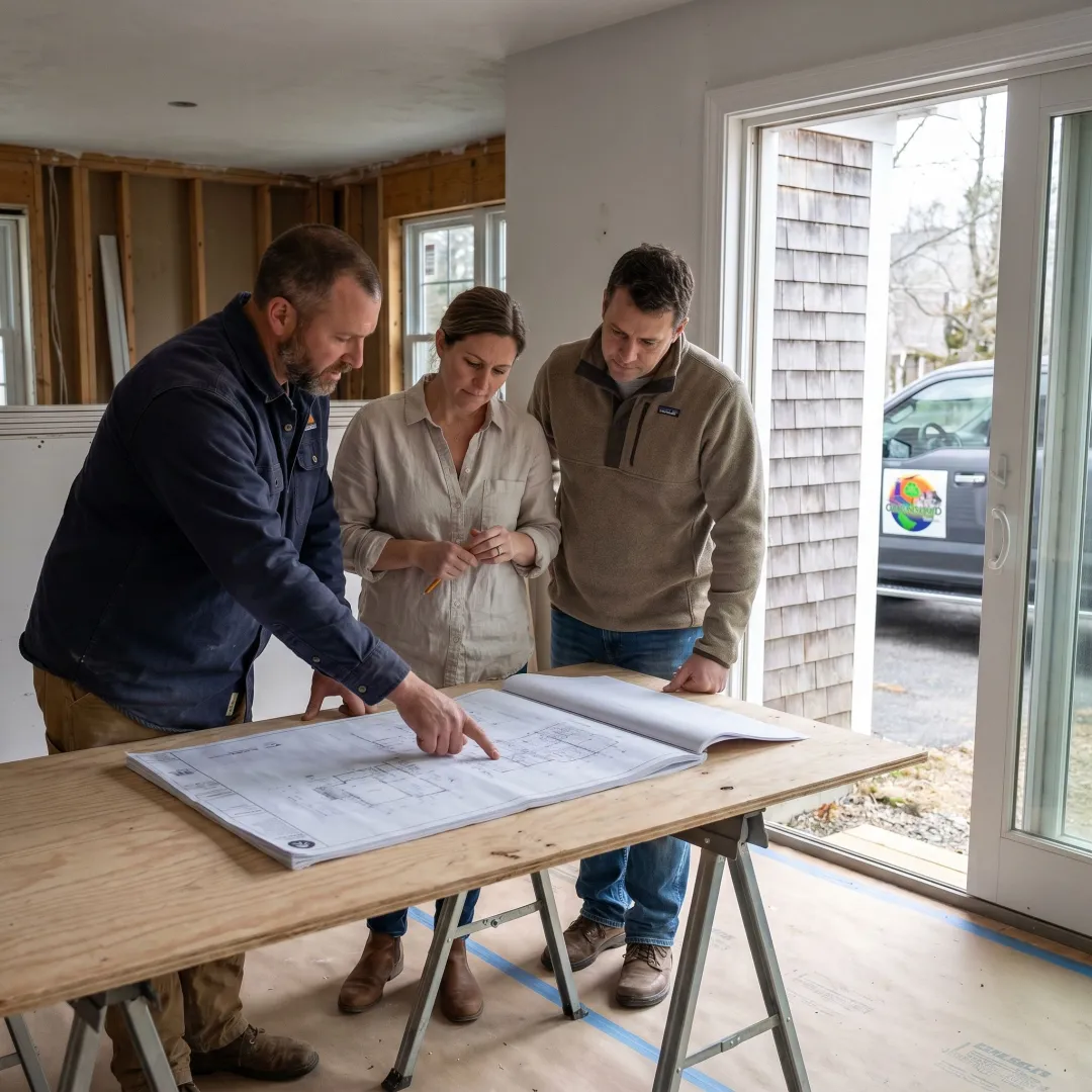Contractor reviewing remodeling plans with homeowners