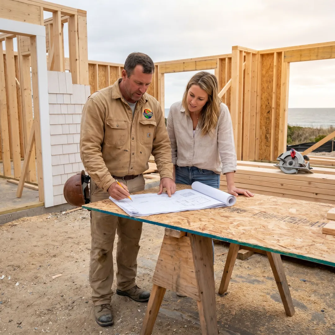 Builder reviewing plans with homeowner
