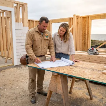 Builder reviewing plans with homeowner