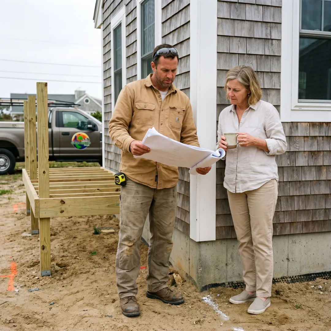 Contractor reviewing deck plans before construction