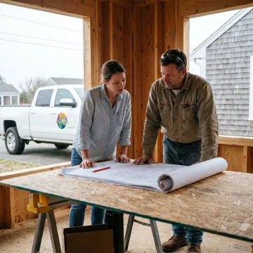 Contractor reviewing home addition plans with homeowner