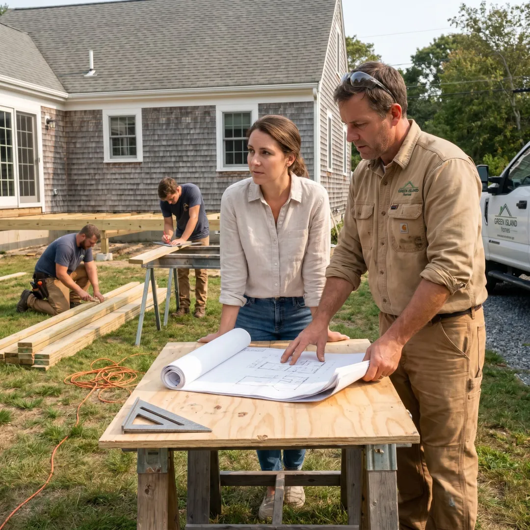 Contractor reviewing deck plans with homeowner