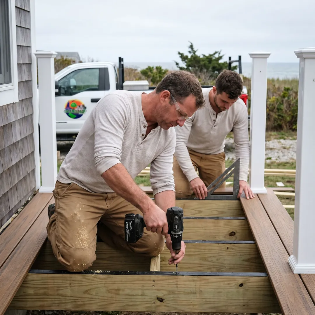 Custom deck under construction at a coastal home