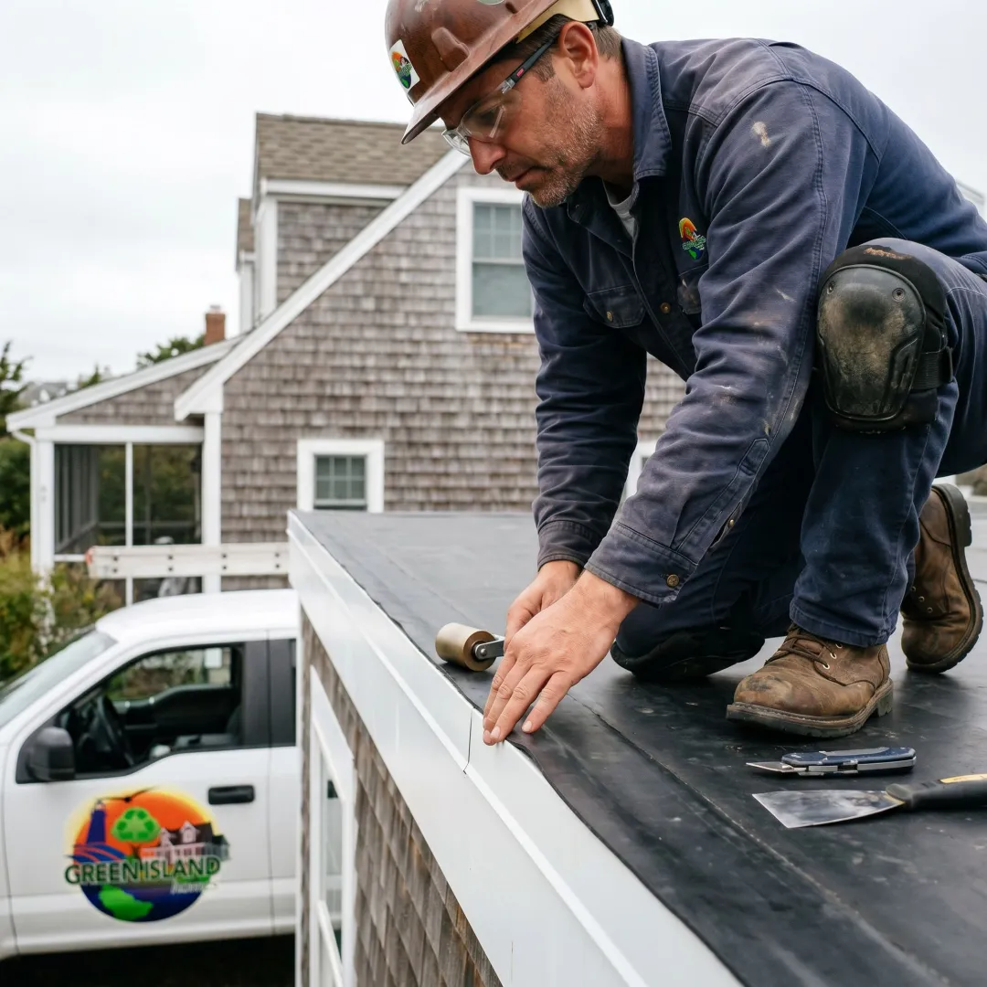 Contractor inspecting rubber roof installation details