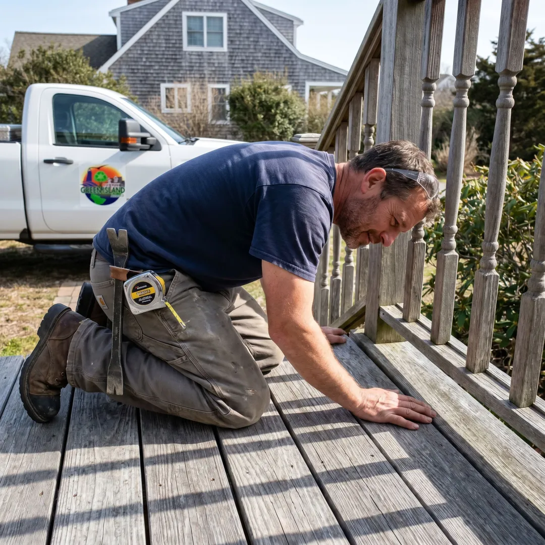 Deck contractor inspecting boards and railings