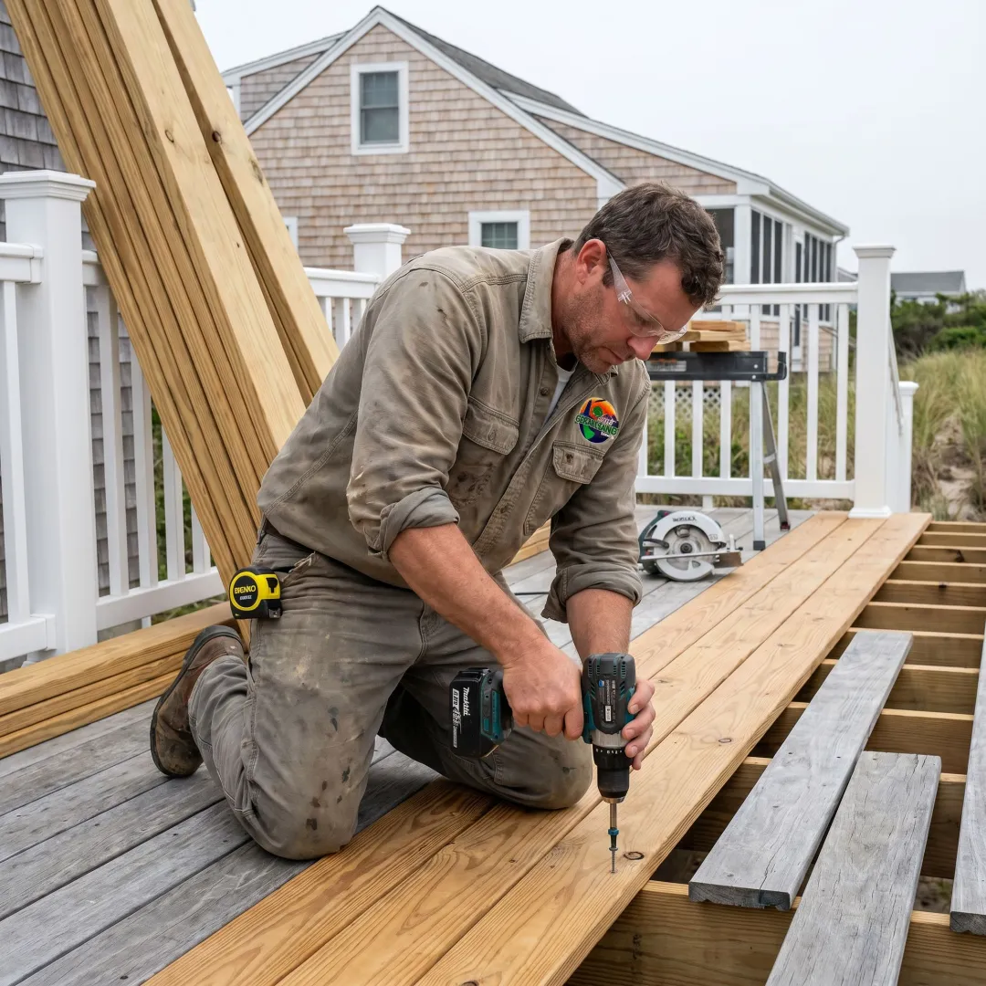 Contractor repairing a residential wood deck