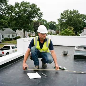 Roofing contractor inspecting a flat roof