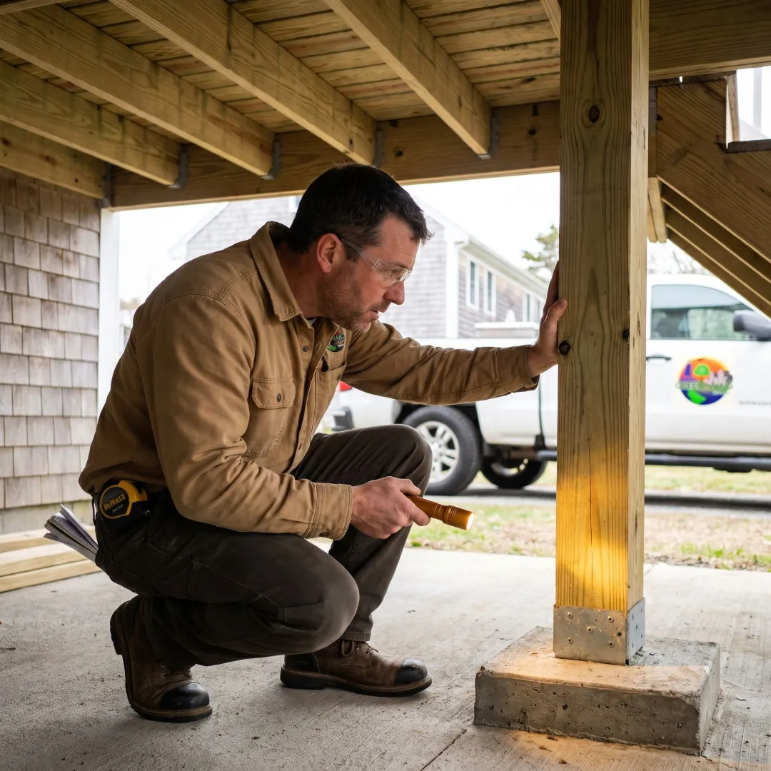 Contractor inspecting deck support posts