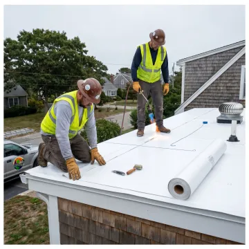 Flat roofing contractors working on a low-slope roof