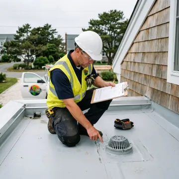 Roofing contractor inspecting flat roof drainage