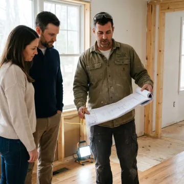 Contractor reviewing renovation plans with homeowners