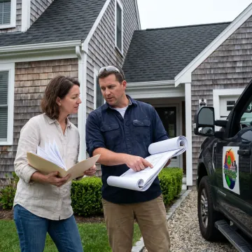 Contractor reviewing roofing plans with homeowner