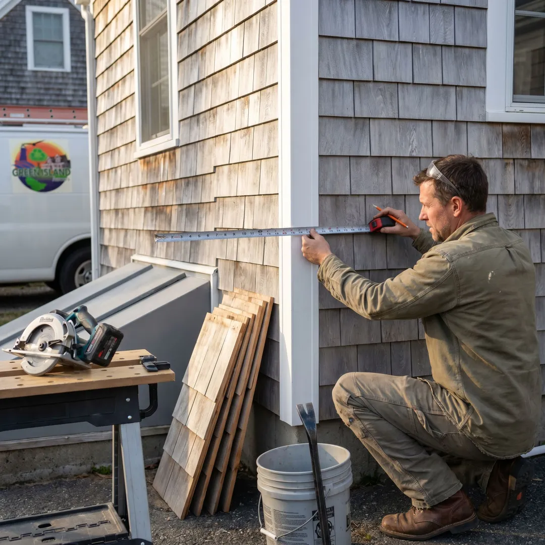 Contractor inspecting siding before repairs