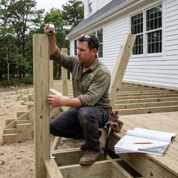 Deck contractor measuring railing posts before installation