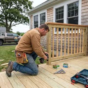 Contractor installing deck railing on a residential deck