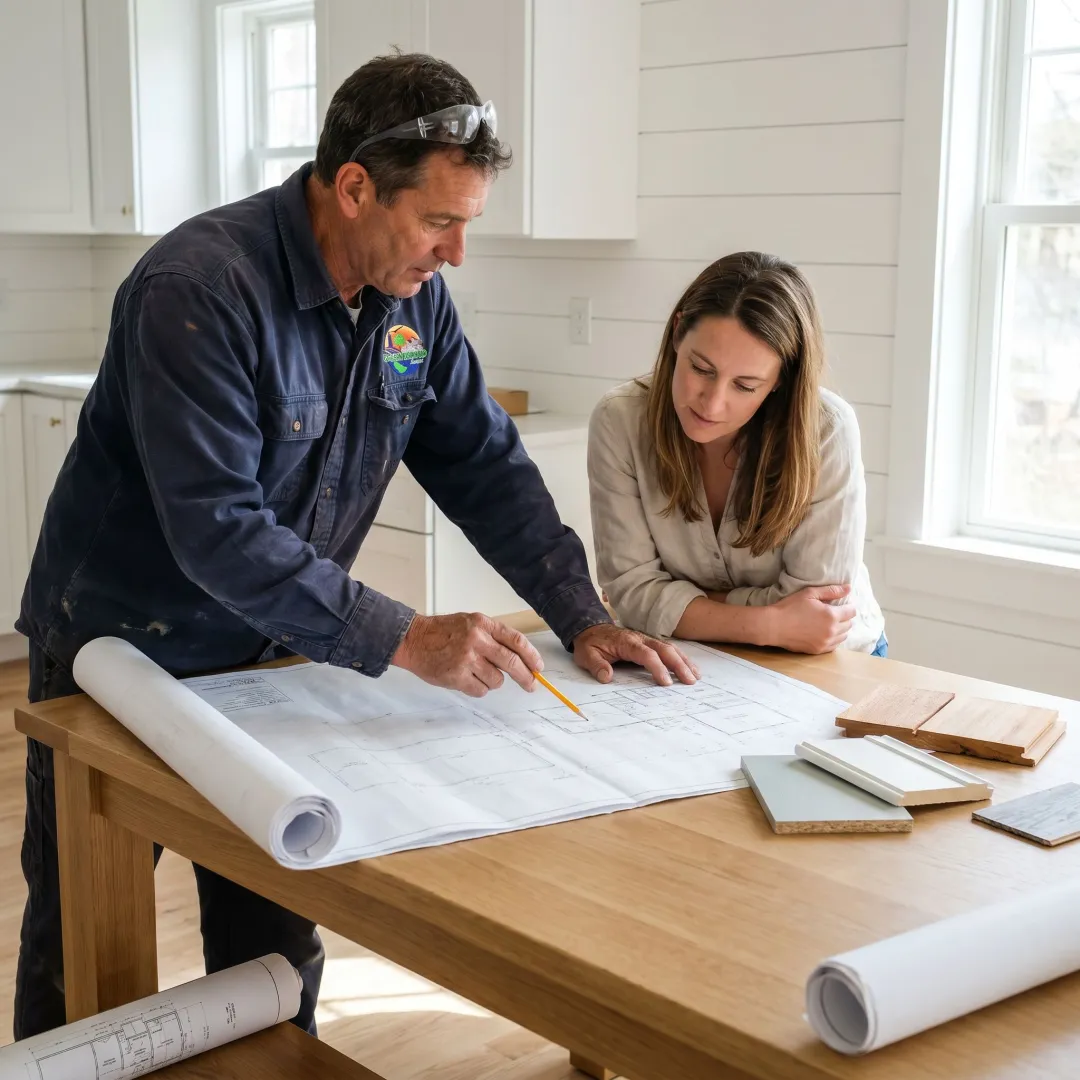 Homeowner and builder reviewing renovation plans