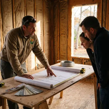 Contractor reviewing renovation plans with homeowners
