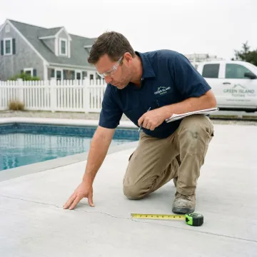 Contractor inspecting pool deck damage