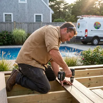 Custom pool deck construction around a backyard pool