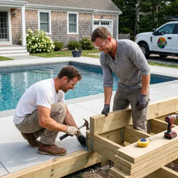 Contractors installing framing for a pool deck