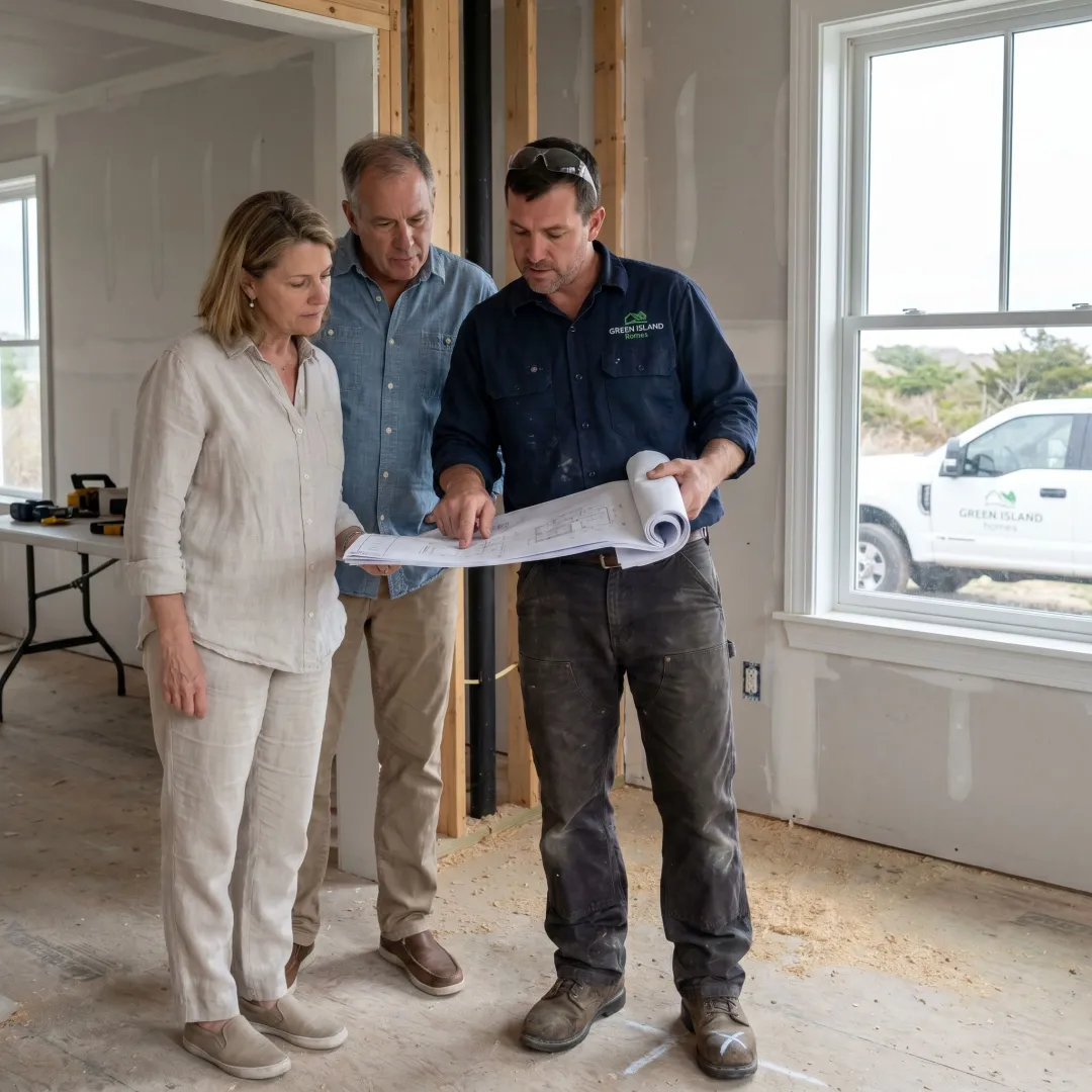 Contractor reviewing whole home remodeling plans with homeowners