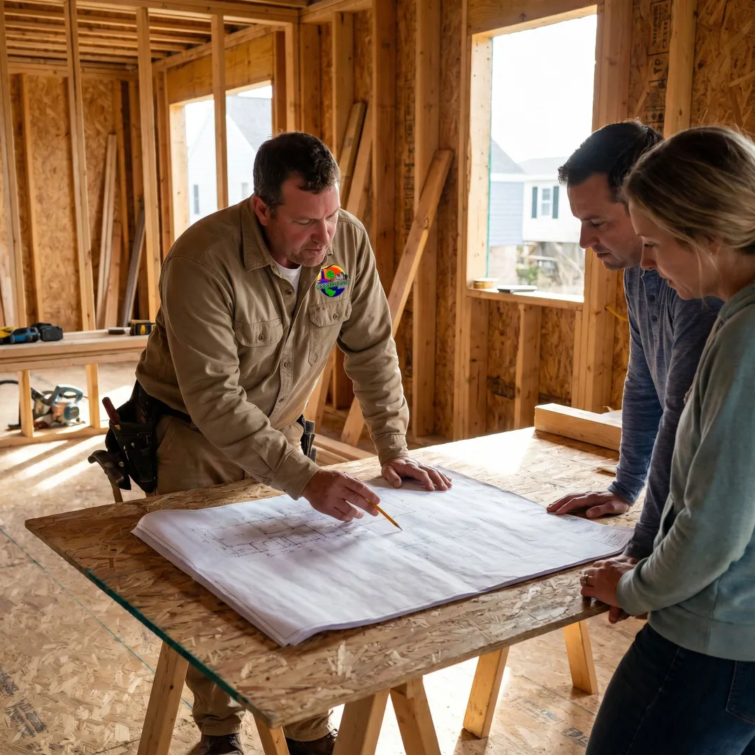 Contractor reviewing renovation plans with homeowners