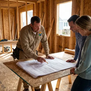 Contractor reviewing renovation plans with homeowners