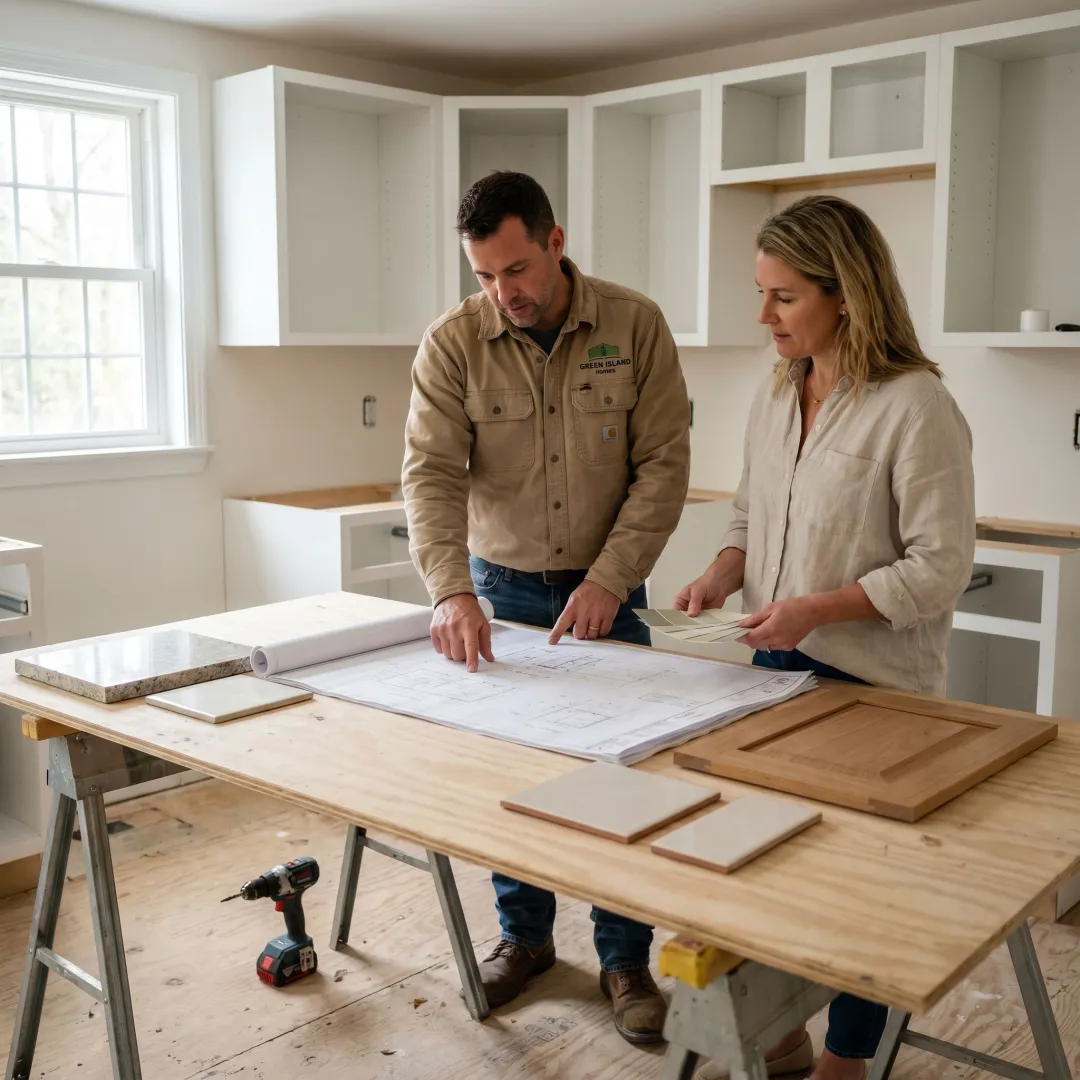 Contractor reviewing kitchen renovation plans with homeowner