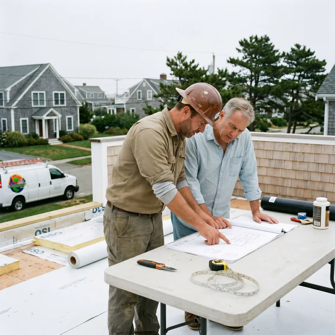 Roofing contractor reviewing flat roof plans