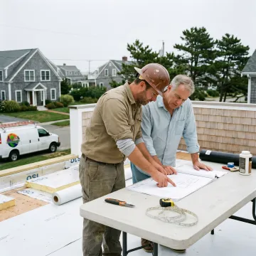 Roofing contractor reviewing flat roof plans