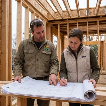 Builder reviewing home plans on site