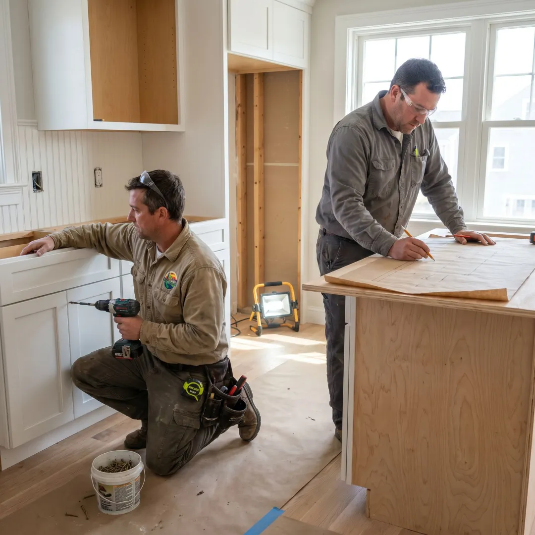Kitchen renovation contractors remodeling a bright coastal kitchen