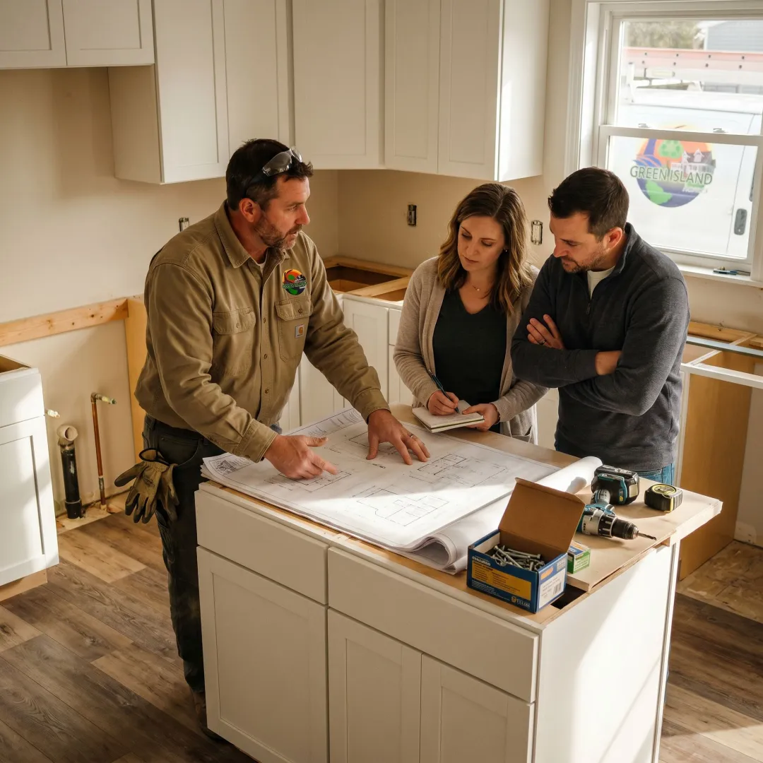 Contractor reviewing kitchen renovation plans with homeowners