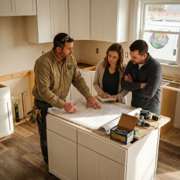 Contractor reviewing kitchen renovation plans with homeowners