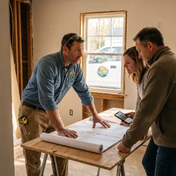 Contractor reviewing remodeling plans with homeowners