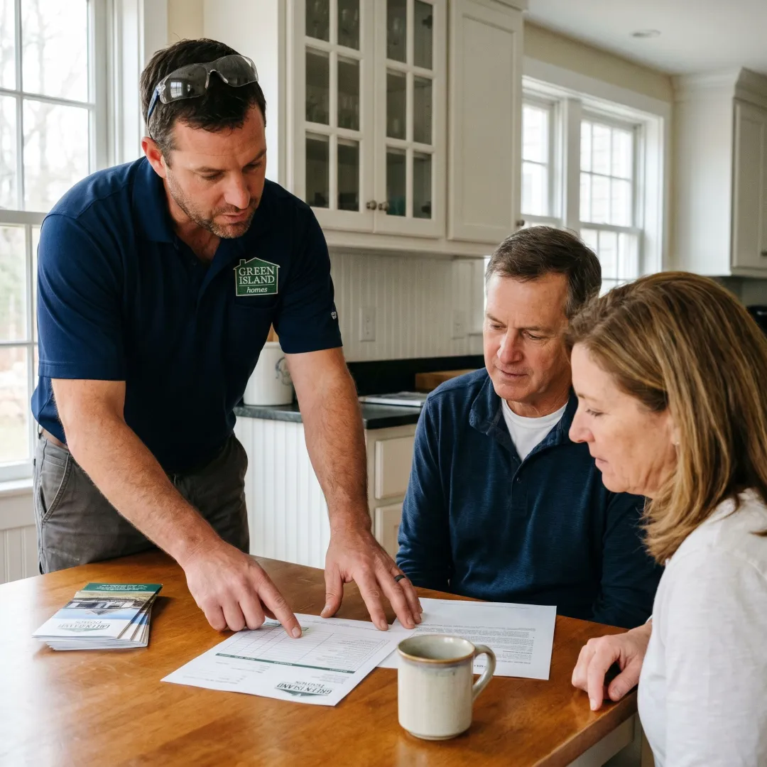 Roofing contractor reviewing an estimate with homeowners