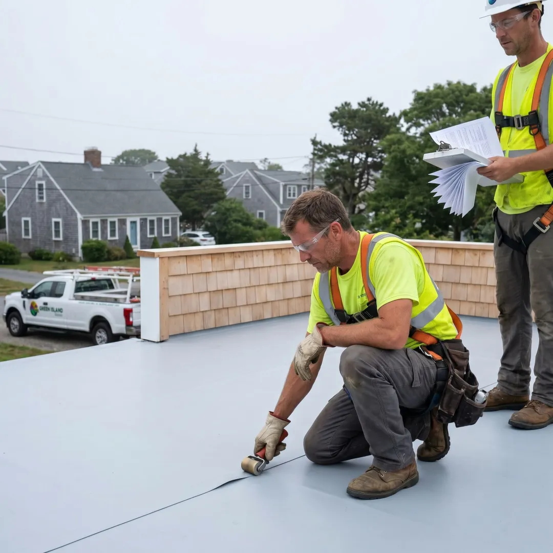 Commercial roofing crew inspecting a building roof