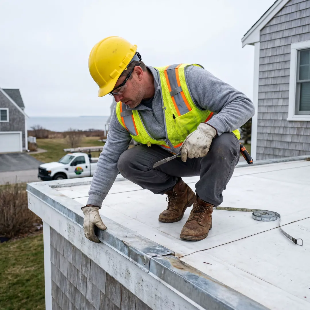 Licensed roofer checking seams and flashing