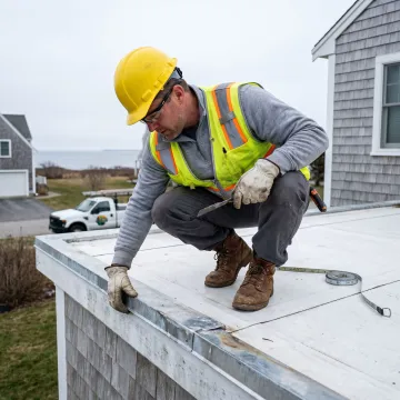 Licensed roofer checking seams and flashing
