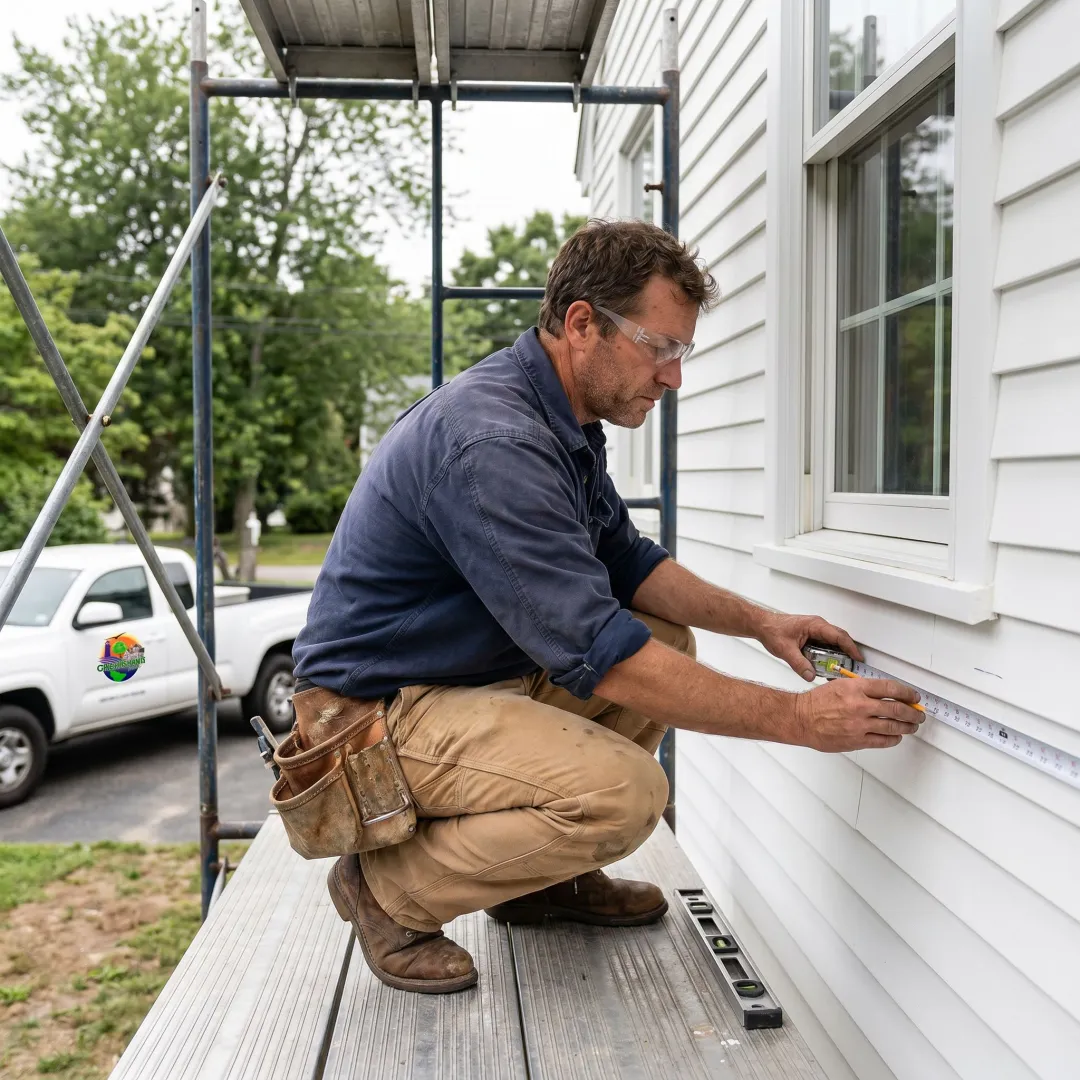 Siding contractor measuring exterior wall panels