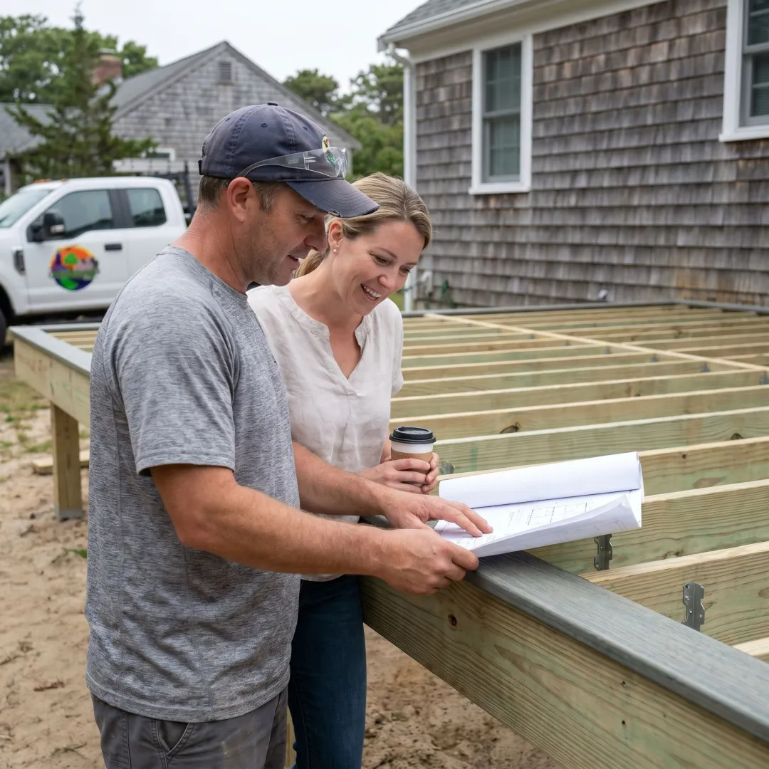 Deck contractor reviewing plans at a home